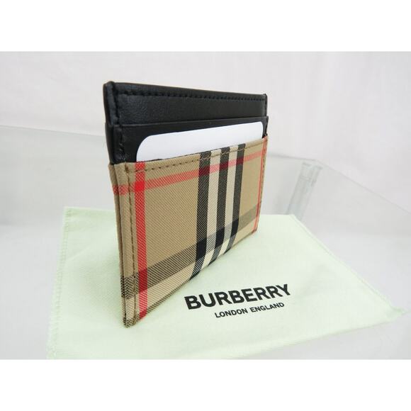 BURBERRY SANDON BEIGE CHECK CANVAS BLACK LEATHER LOGO CARD HOLDER CASE WALLET - Picture 2 of 10